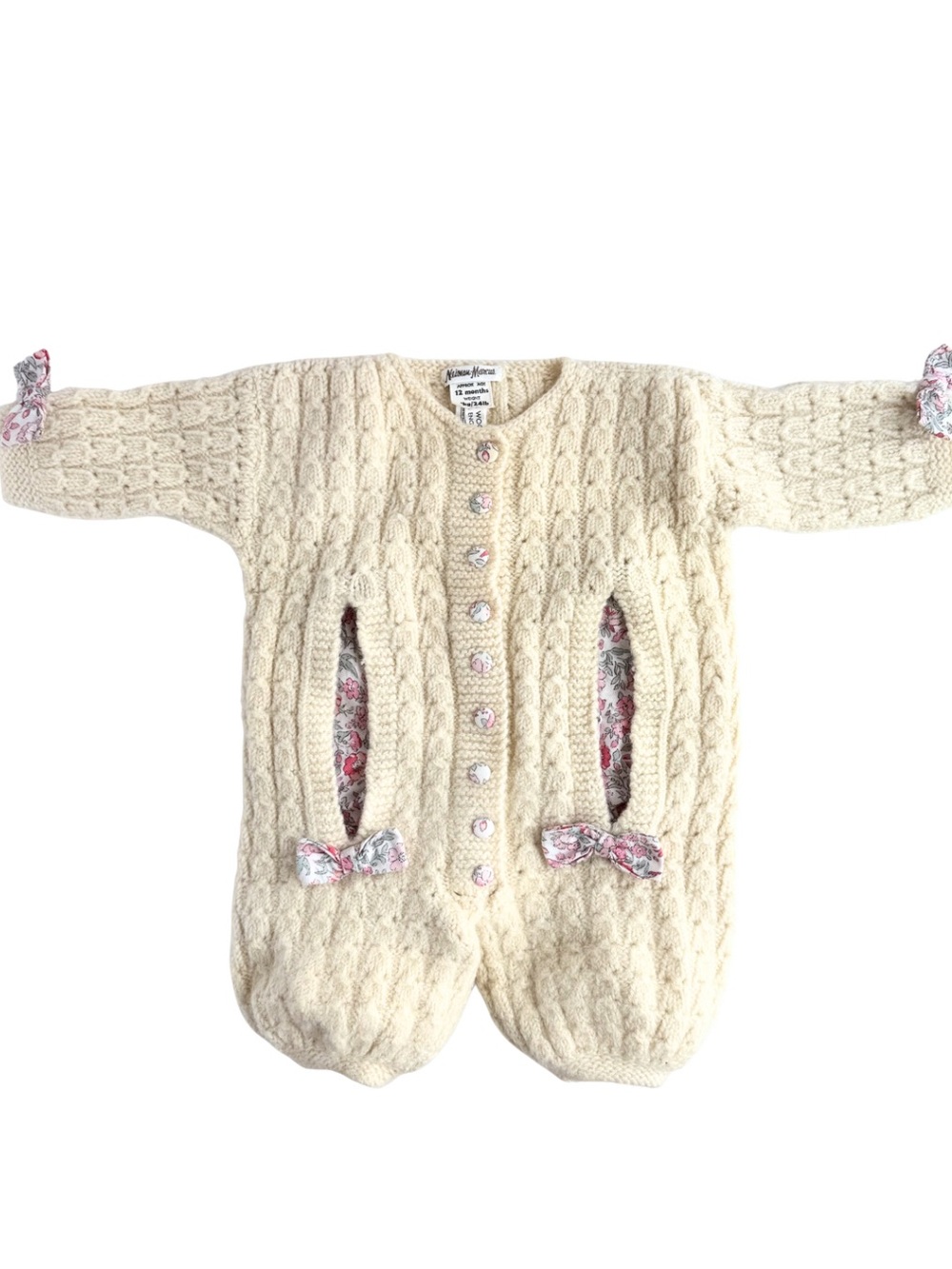 Vintage Neiman Marcus Baby Wool Romper 12M Cable Knit Floral Bows England